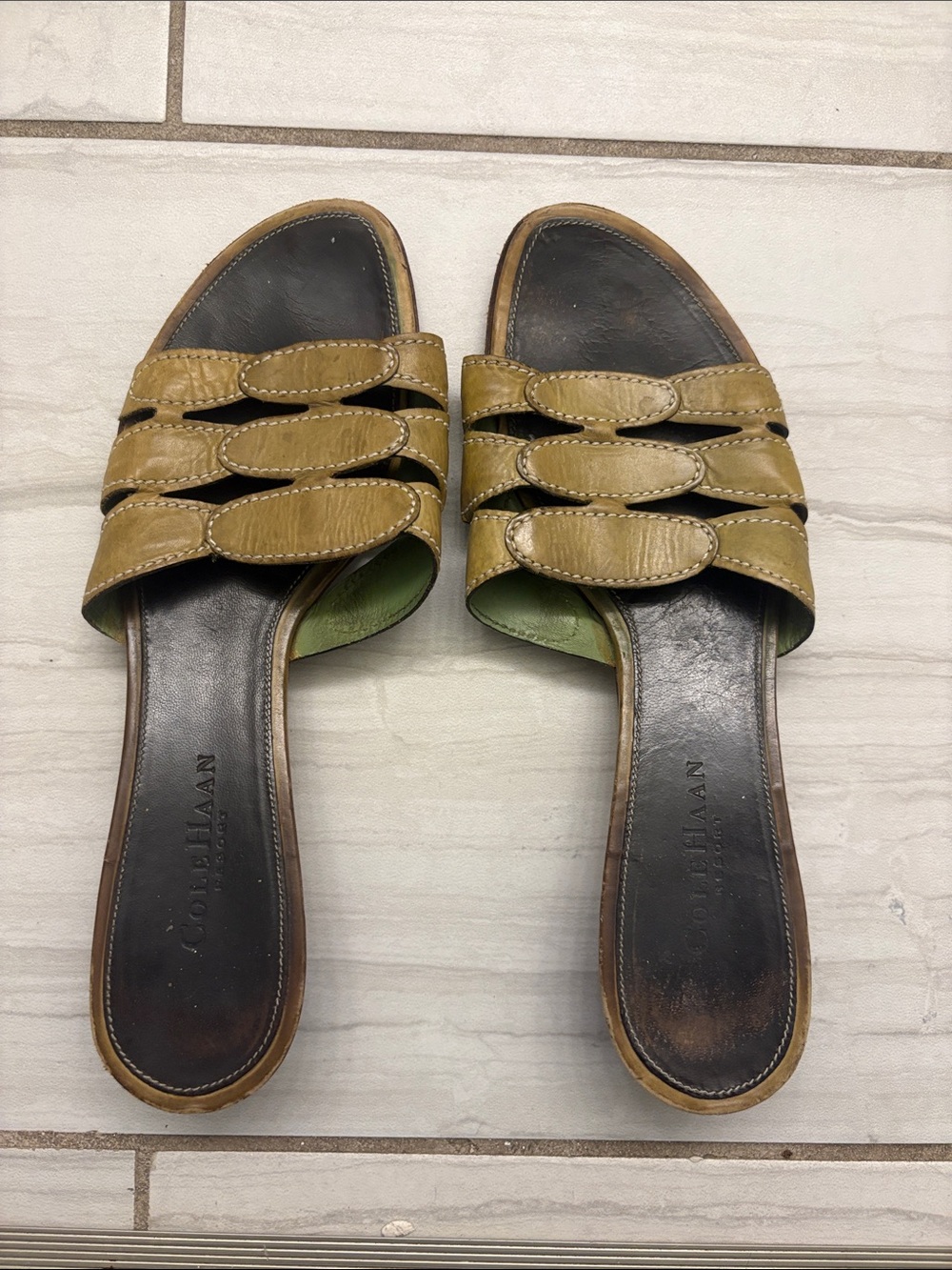 Cole Haan Olive Green Leather Multi‑Strap Slide Sandals